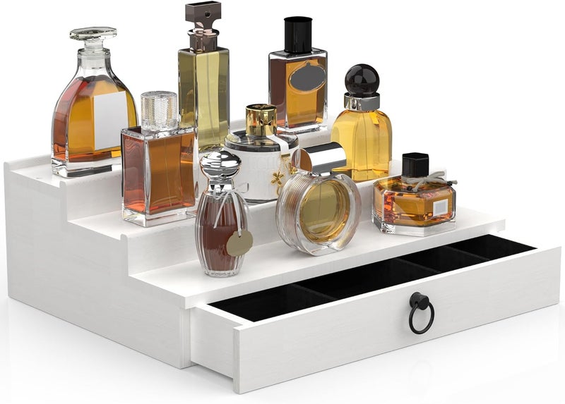 upcessory Cologne Organizer for Men, 3 Tier Wood Perfume Organizer with Felt Lining Drawer and Hidden Compartment, White Perfume Display Holder, A Gift for Men - Image 1